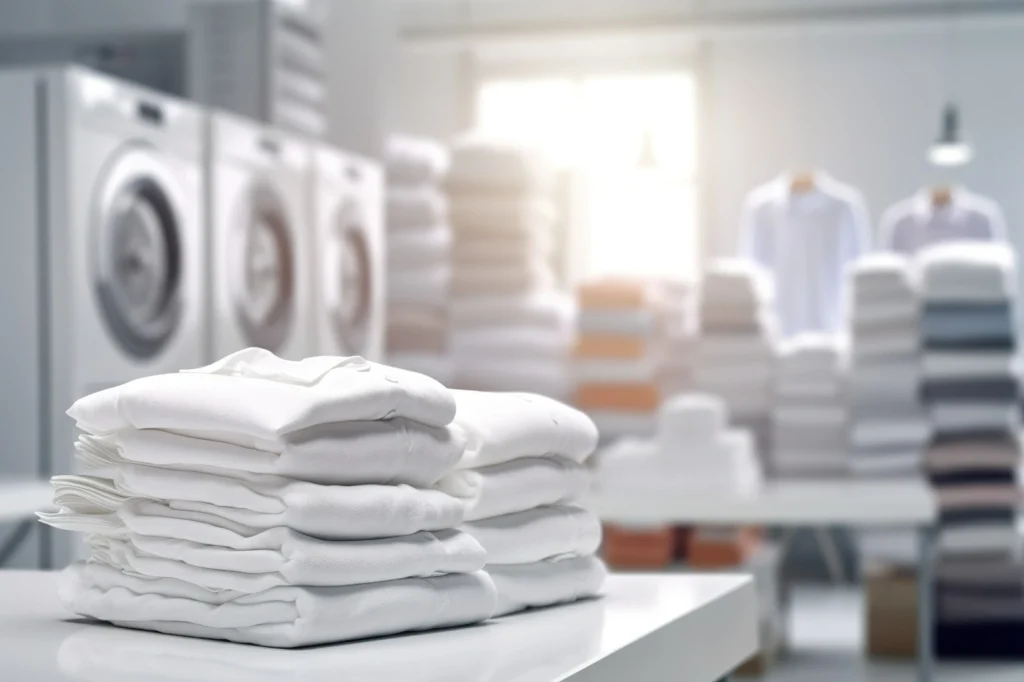 Neatly stacked white towels arranged on a shelf in a clean and professional laundry room