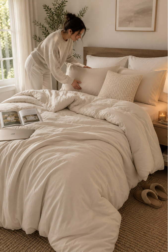 Woman arranging decorative pillows on clean bedding in a cozy vacation rental bedroom