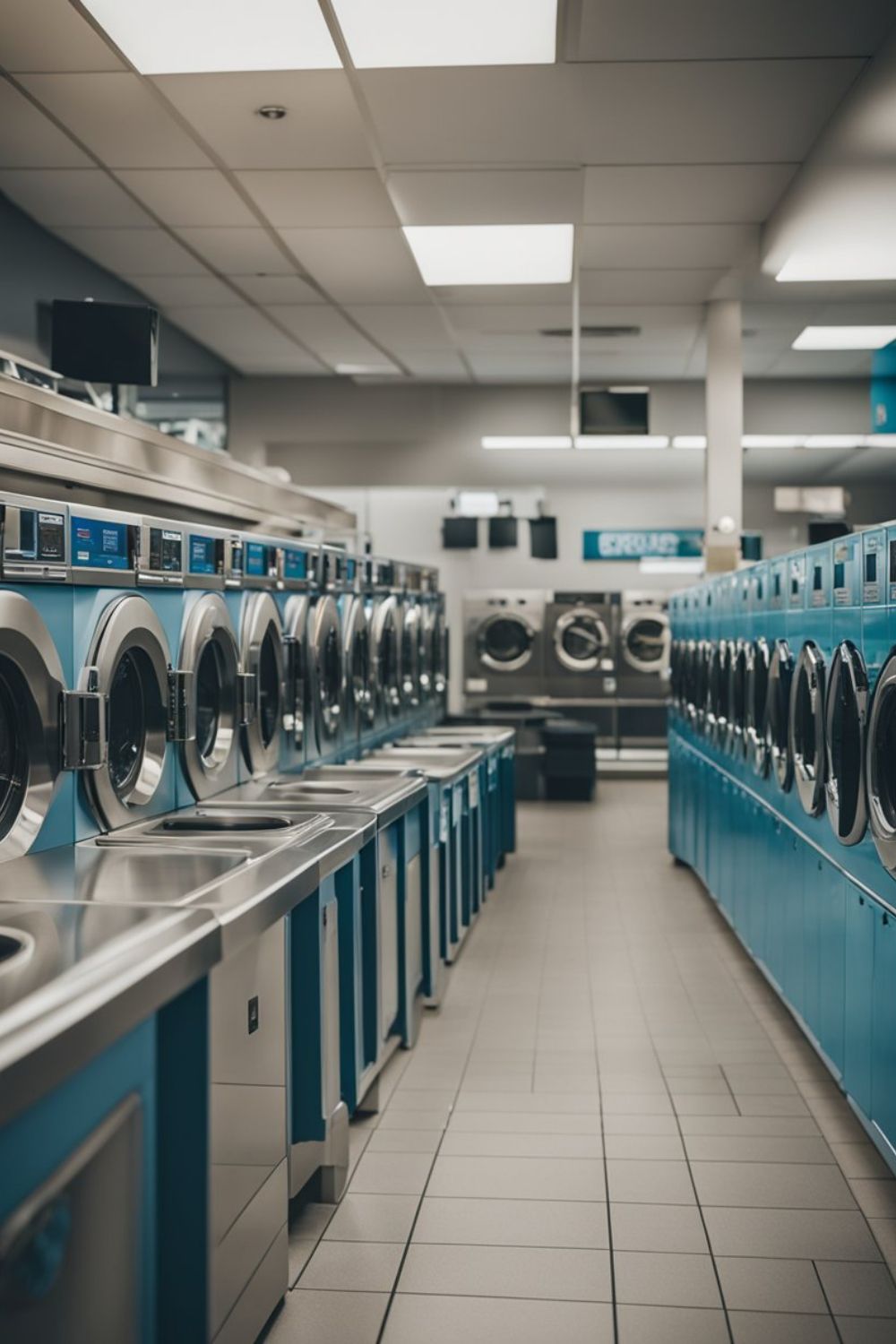 Commercial-grade blue and white washing machines at 4th Street Laundromat in Frederick MD