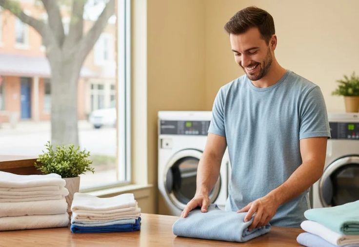 Man holding neatly folded clothes at a washing machine for vacation rental wash and fold service