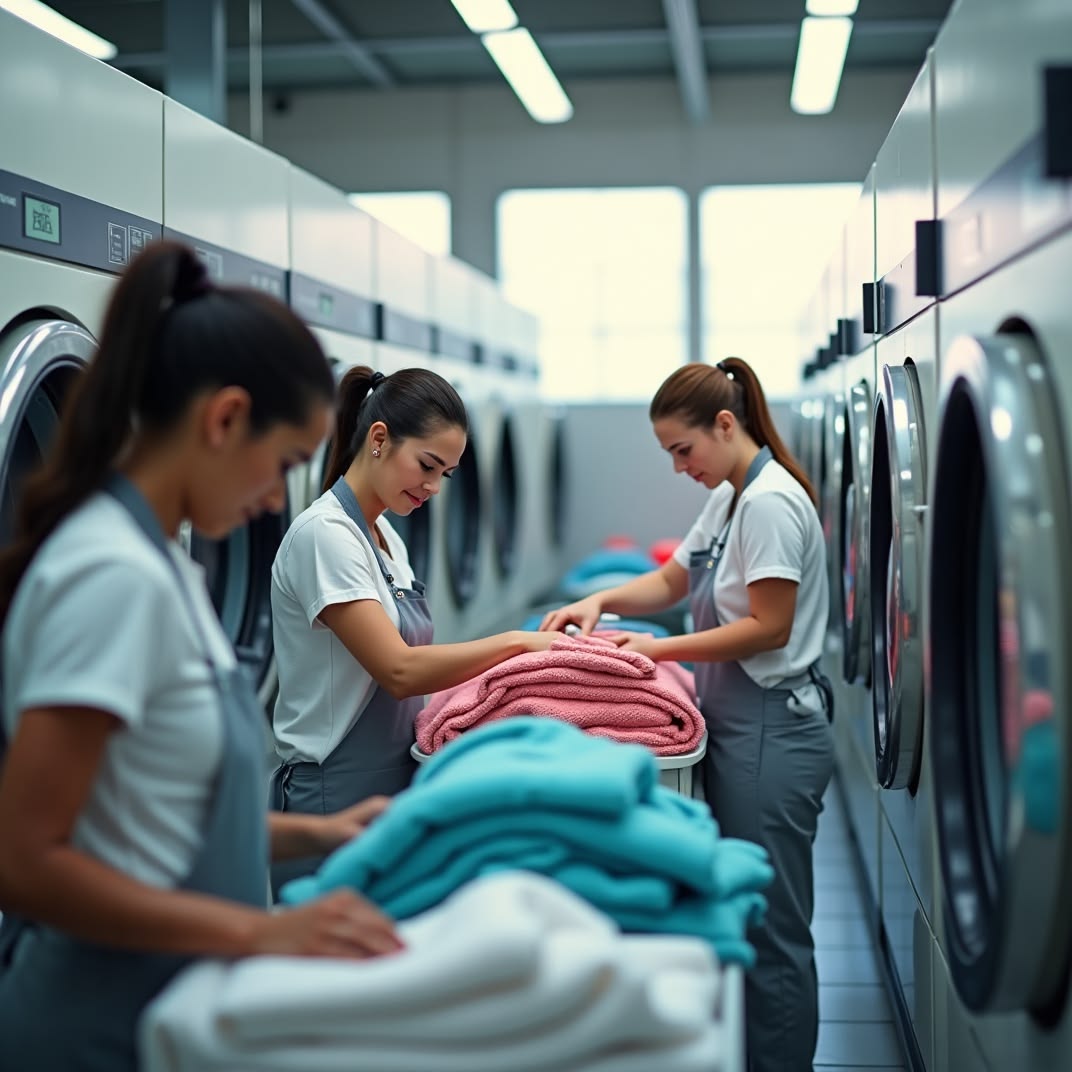 Women sorting and folding restaurant uniforms in a professional laundry room