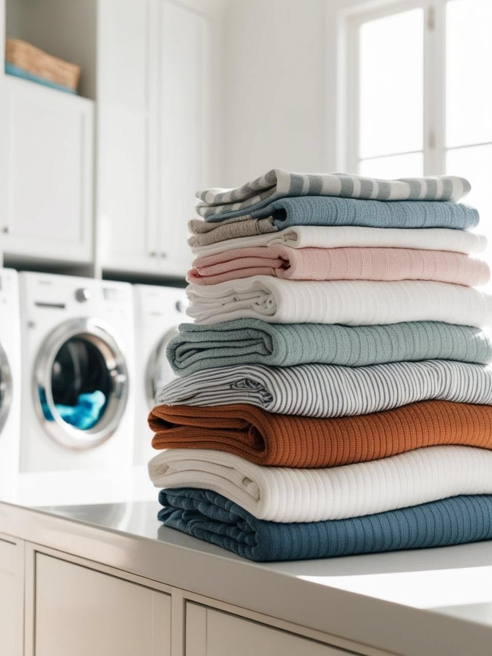 Neatly arranged stack of folded towels in a bright laundry room for vacation rental laundry service