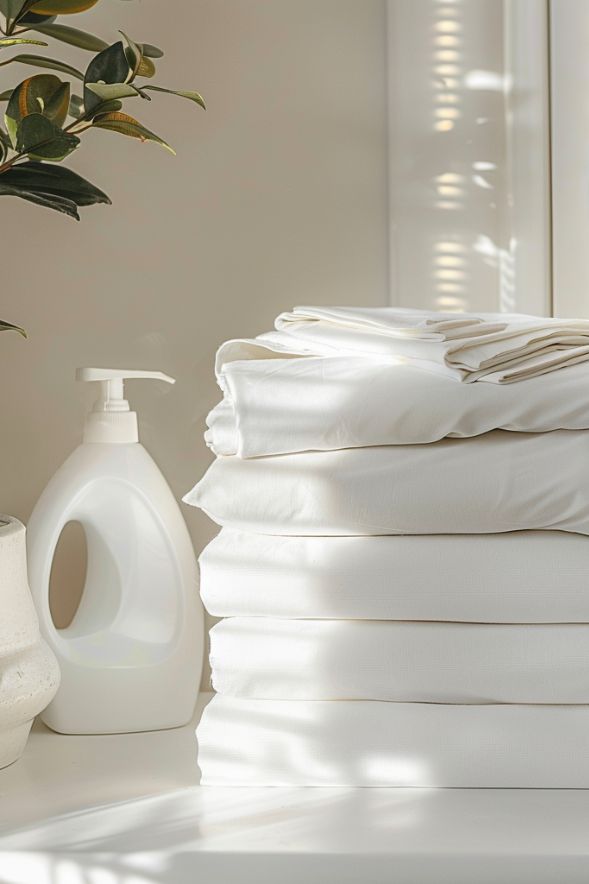 Fresh white sheets and towels prepared for vacation rental guests