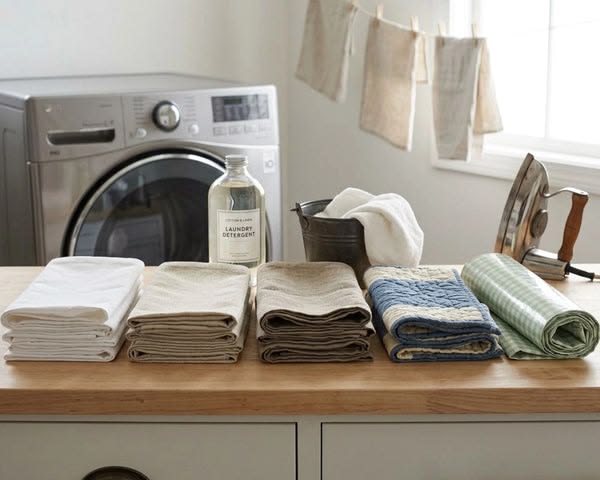 Commercial laundry room with clean towels, clothes, and washing machine for restaurant linen laundry