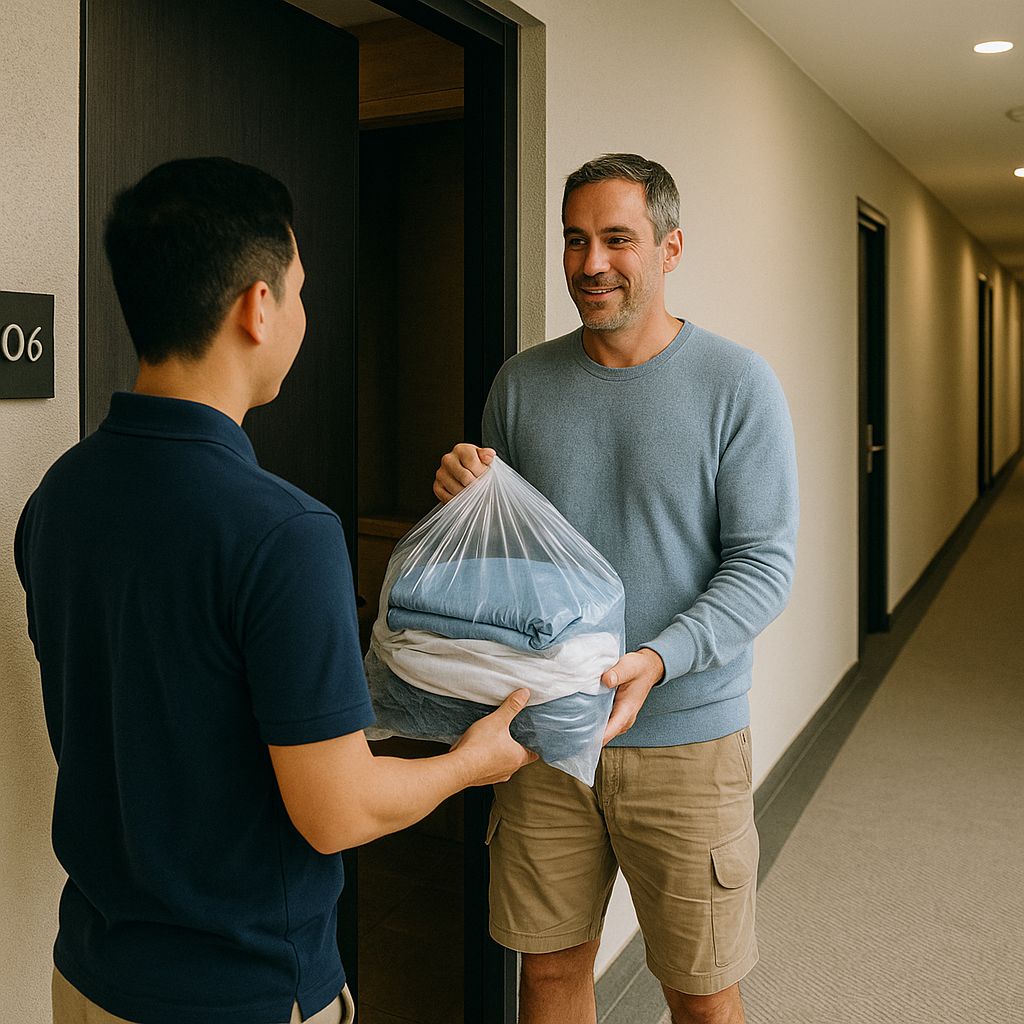 Two men carrying a bag of clothes for Airbnb laundry pickup and delivery in Frederick MD
