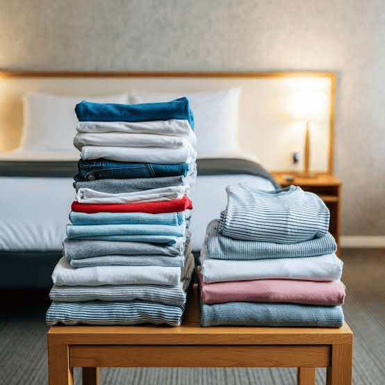 Neatly folded laundry prepared for an Airbnb vacation rental with a bed in the background